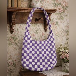 Handmade/Hand knitted Checkered Purple and White Tote Bag/Purse
